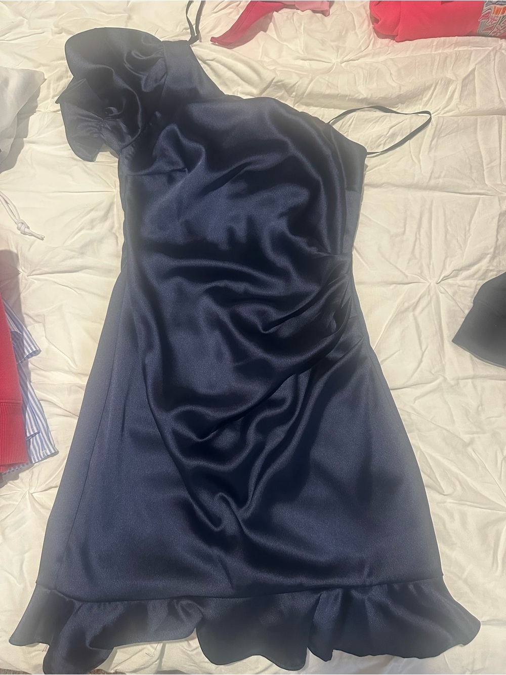 Navy Satin One-Shoulder Ruffle-Hem Prom Dress